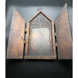 Antique Wood Metal Folding TRIPTYCH Madonna Child Folding Shrine c1900
